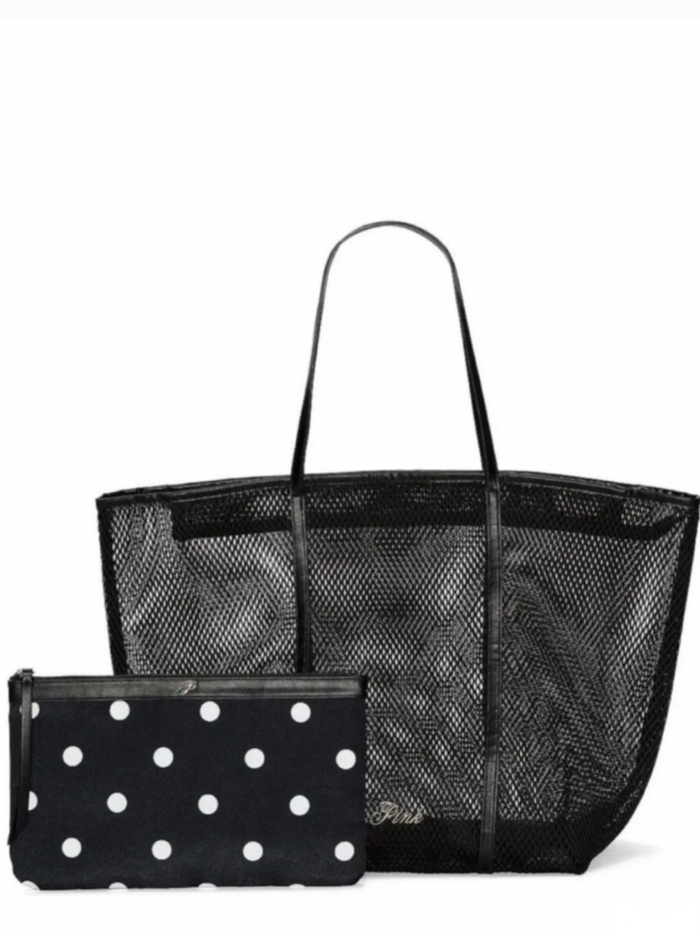 PINK Victoria's Secret Black Mesh Tote with Black-and-White Polka Dot Pouch. New
